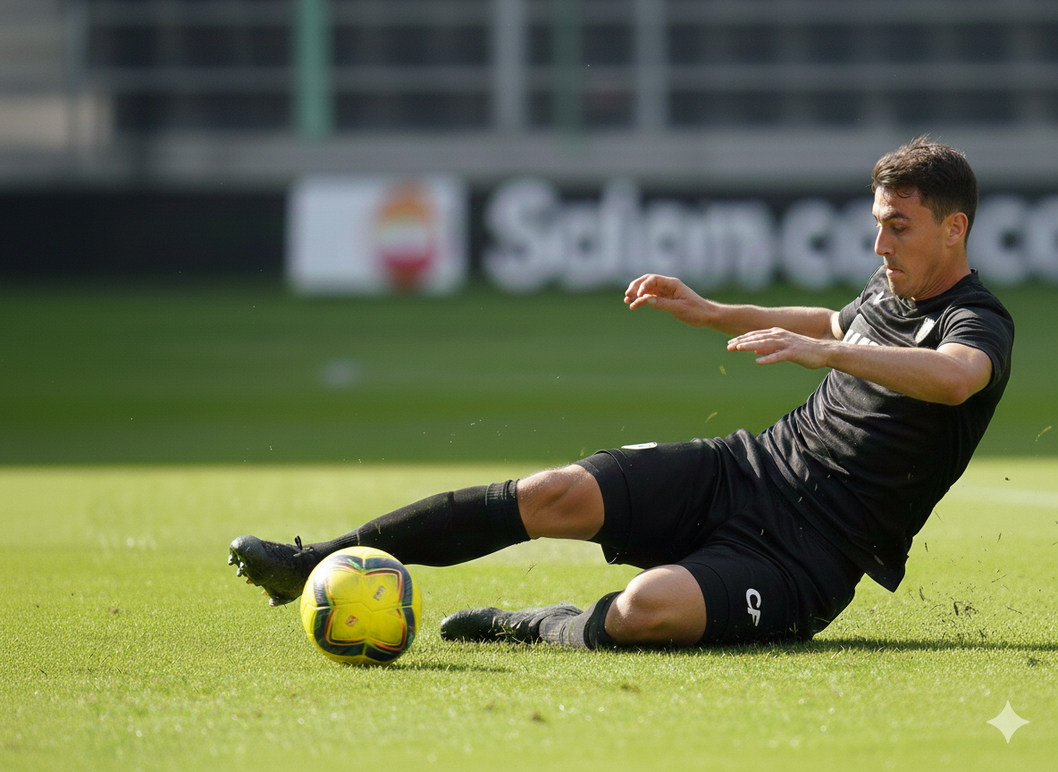 Voetballer maakt een sliding tackle